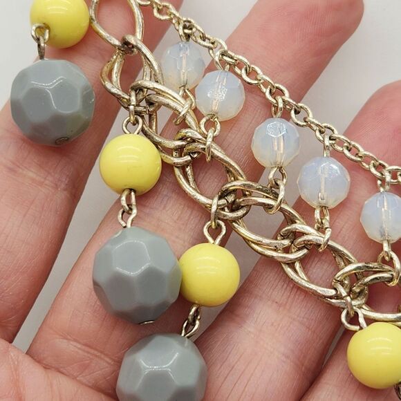 Y2K Statement Bib Layered Necklace Gray Yellow Opalescent Bead Maximalist Retro - Picture 6 of 8